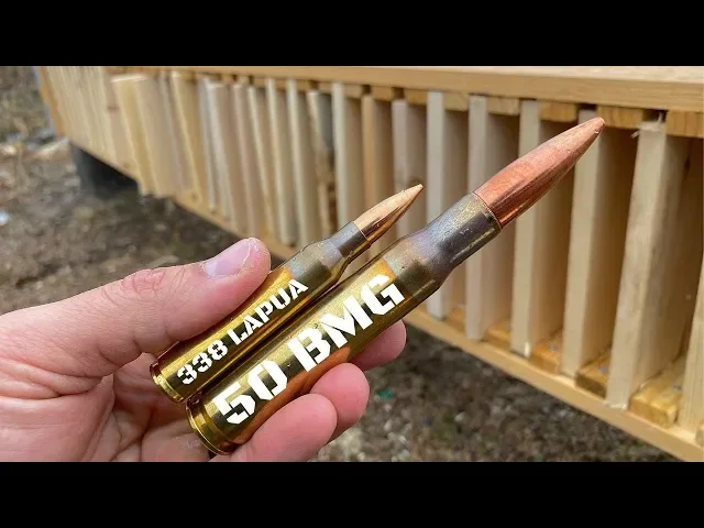 338 lapua vs 50 bmg vs pine board box